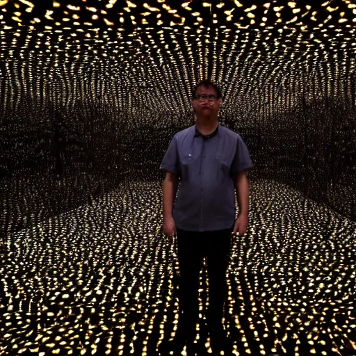 Image similar to photo, a man wearing a shiny chrome polygonal costume standing inside a yayoi kusama infinity mirror room