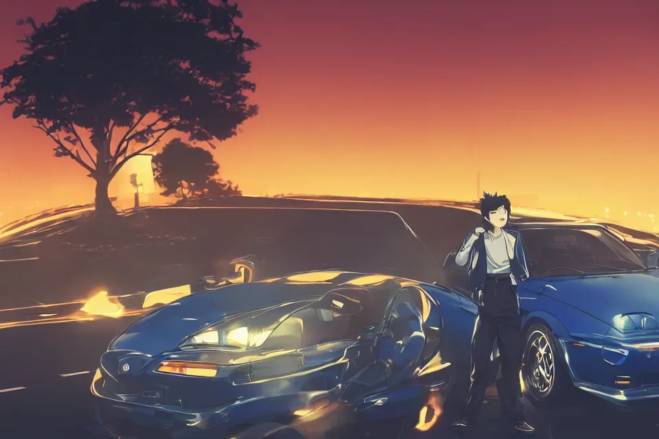 Image similar to aesthetic illustration of ryosuke takahashi with black hair wearing a dark blue shirt standing near white mazda rx 7 on an empty highway at dusk, cinematic lighting, detailed anime face, high detail, 9 0 s anime aesthetic, volumetric lights, unreal engine 5 render, pinterest wallpaper, trending on artstation