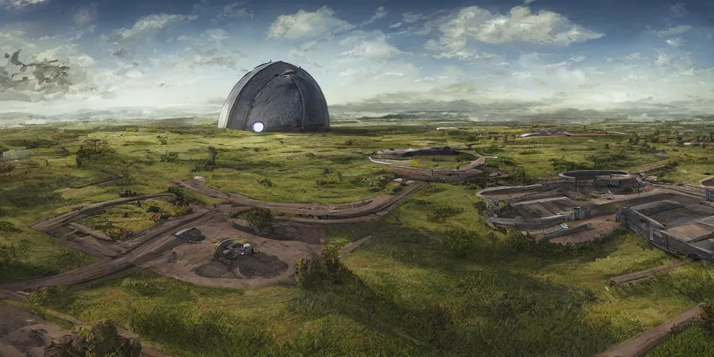 Image similar to large round sci-fi building, next to farm fields and trees, sense of hope, daytime and blue sky, digital art, art station, extremely detailed