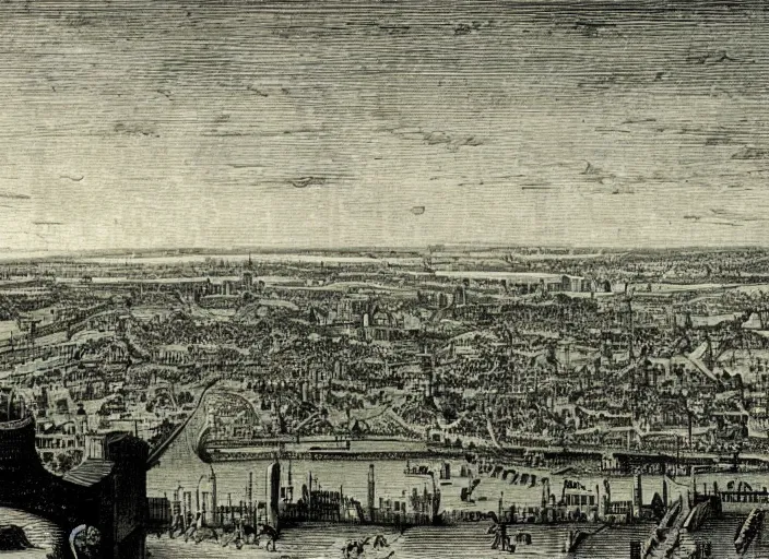Prompt: detail from Hollar’s Panoramic view of future London after the war with the machines, 1647