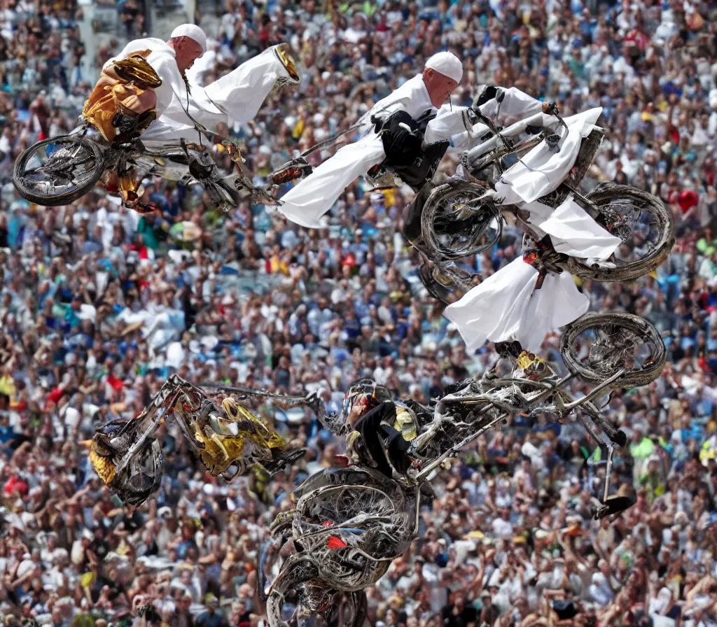 Prompt: the pope competing in x games, epic action shot n - 9