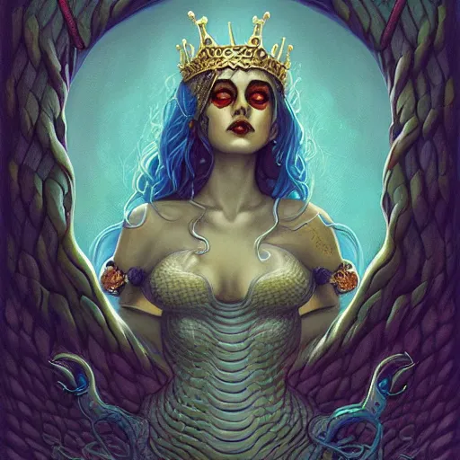 Prompt: queen of snakes, crown of snakes, blue skin, royal, by Anato Finnstark, Tom Bagshaw, Brom