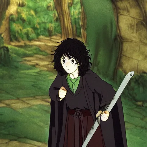 Image similar to peregrin took from the anime lord of the rings (1986), dark hair, green cape, hobbit, studio ghibli, very detailed, realistic