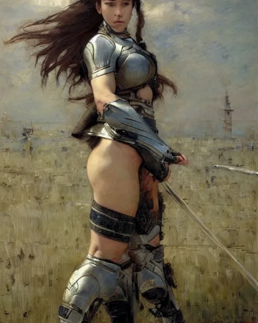 Prompt: a beautiful and strong female warrior by Edgar Maxence, Ross Tran and Jules Bastien-Lepage and Laura Sava