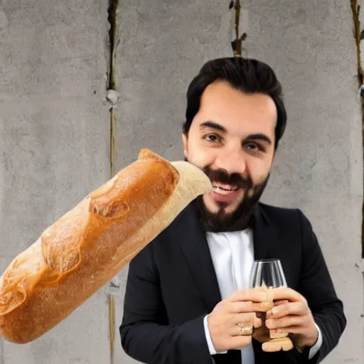 Prompt: photograph of a frenchman with a baguette and a bottle of wine in 2 0 2 0