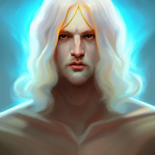 Prompt: Lucius the pale blond androgynous god of the sun, highly detailed, digital painting, artstation, concept art, soft light, sharp focus, illustration