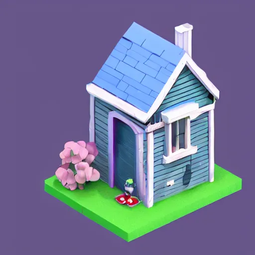 Prompt: small cute mobile game house, blue and purple scheme, 1 0 0 mm, 3 d render, isometric, diorama, blue background,