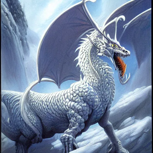 Prompt: a white dragon breathing frost, dungeons and dragons, digital art, by John Howe and Alan Lee and Larry Elmore