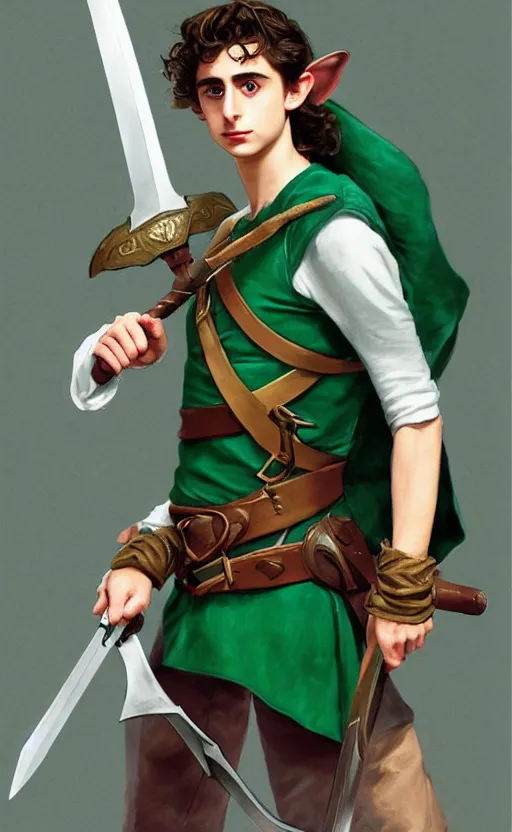 Image similar to Timothee Chalamet as Link from Legend of Zelda, elf ears, +++ super super super dynamic posing, j.c. leyendecker, Valentina Remenar, thick eyebrows, super serious facial expression, holding a sword & shield, ocarina of time