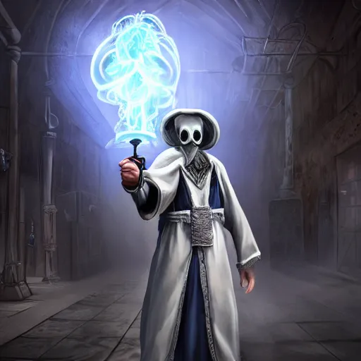 Image similar to a wizard wearing a white plague mask with a blue robe using a magical spell, white plague doctor mask, d & d character design art, gta cover art, gta loading screen art, digital art, unreal engine 5