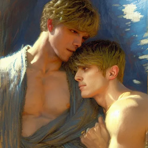 Image similar to attractive male arthur pendragon confesses his love to attractive male merlin. highly detailed painting by gaston bussiere, craig mullins, j. c. leyendecker 8 k