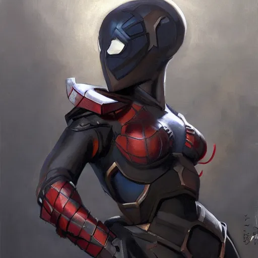 Image similar to greg manchess portrait painting of an armored dark female iron spiderman as overwatch character, medium shot, asymmetrical, profile picture, organic painting, sunny day, matte painting, bold shapes, hard edges, street art, trending on artstation, by huang guangjian, gil elvgren, ruan jia, greg rutkowski, gaston bussiere