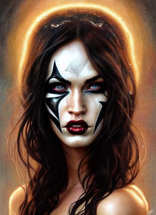 Image similar to portrait of megan fox as kiss, heavy metal, white face makeup, hell, intricate, headshot, highly detailed, digital painting, artstation, concept art, sharp focus, cinematic lighting, illustration, art by artgerm and greg rutkowski, alphonse mucha, cgsociety