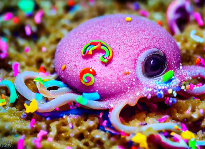 Image similar to underwater photo still of a squid with a glazed donut with rainbow sprinkles on its head, 4 k, 8 5 mm, f 1 6