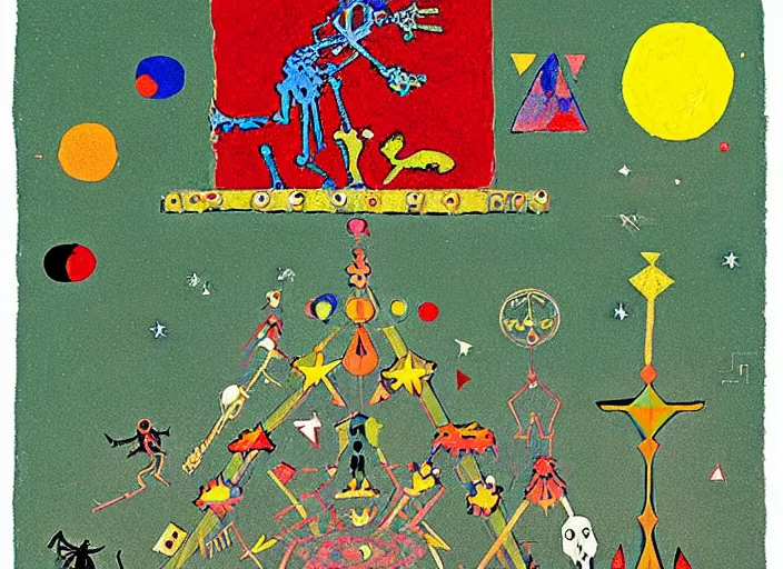 Image similar to pixel decollage painting tarot lovers card composition tower of babel road red armor wonky alien frog and maggot vampire clown knight on a skeleton pale horse in a dark green cloudy night sky with golden foil jewish stars and diamonds, mountain lake and blossoming field in background, painted by Mark Rothko, Helen Frankenthaler, Danny Fox and Hilma af Klint, pixelated, neo expressionism, semi naive, pastel colors, cinematic, color field painting, cave painting, voxel, pop art look, outsider art, minimalistic. Bill Traylor painting, part by Philip Guston, Amano and Francis Bacon. art by Adrian Ghenie and Storm Thorgerson, very coherent symmetrical artwork, cinematic, hyper realism, high detail, octane render, unreal engine, Smooth gradients, depth of field, full body character drawing, extremely detailed, 8k, extreme detail, intricate detail, masterpiece