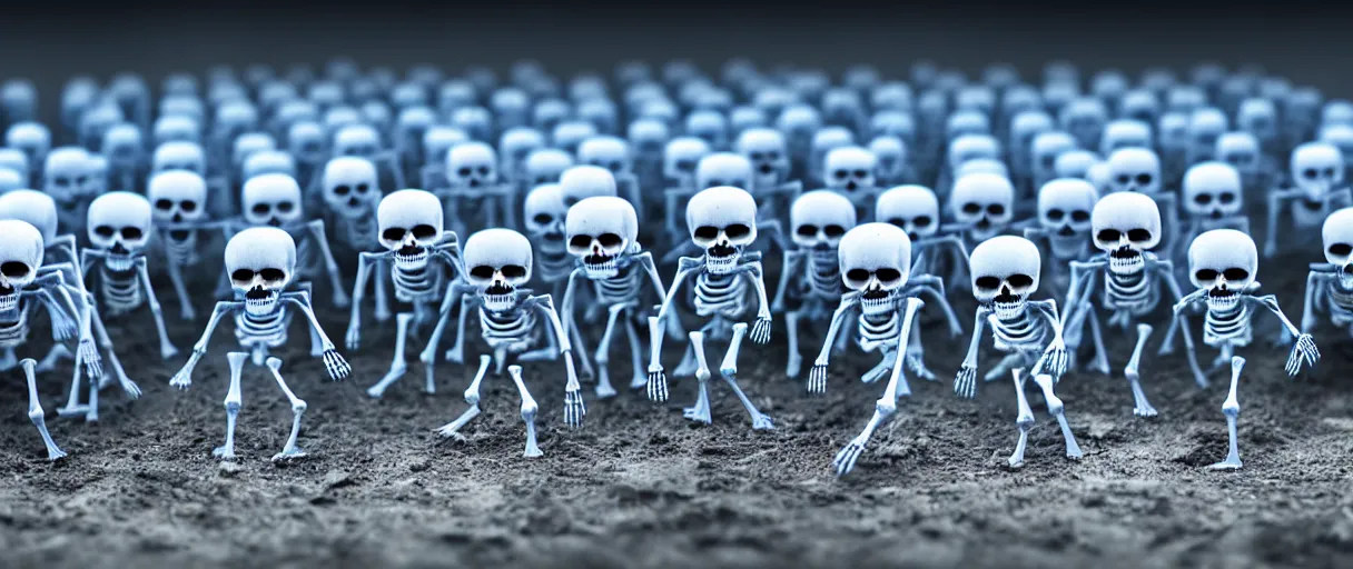 Image similar to hyperrealistic supercute skeleton army ute osterwald jason limon professional concept art dramatic blue lighting wide angle hd 8k sharp shallow depth of field