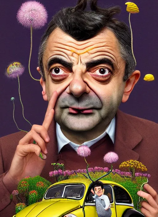 Image similar to hyper detailed 3d render like a Oil painting muted colors - slightly silly portrait of Rowan Atkinson cross eyed as Mr. Bean atop his yellow beetle in Aurora seen tickling of the Strangling network of yellowcake aerochrome and milky Fruit and Her delicate Hands hold of gossamer polyp blossoms bring iridescent fungal flowers whose spores black the foolish stars by Jacek Yerka, Mariusz Lewandowski, Houdini algorithmic generative render, Abstract brush strokes, Masterpiece, Edward Hopper and James Gilleard, Zdzislaw Beksinski, Nicoletta Ceccoli, Wolfgang Lettl, hints of Yayoi Kasuma, octane render, 8k