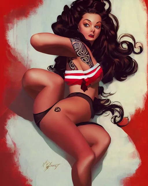 Prompt: in the style of artgerm and Andreas Rocha and Gil Elvgren and Joshua Middleton and Gil Elvgren, full body pin-up modeling of pretty young woman with dreadlocks, symmetrical face, red paint strip across eyes, natural lighting, warm colors, american postcard art style, pin-up postcard