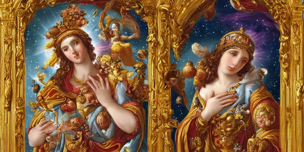 Prompt: majestic baroque sistina saint Woman Venus godness Athena beautiful gracious pagans marble and gold in space stars clouds suns greeks, coerent face and body, fruits, bioluminescent skin, bees, pomegranade