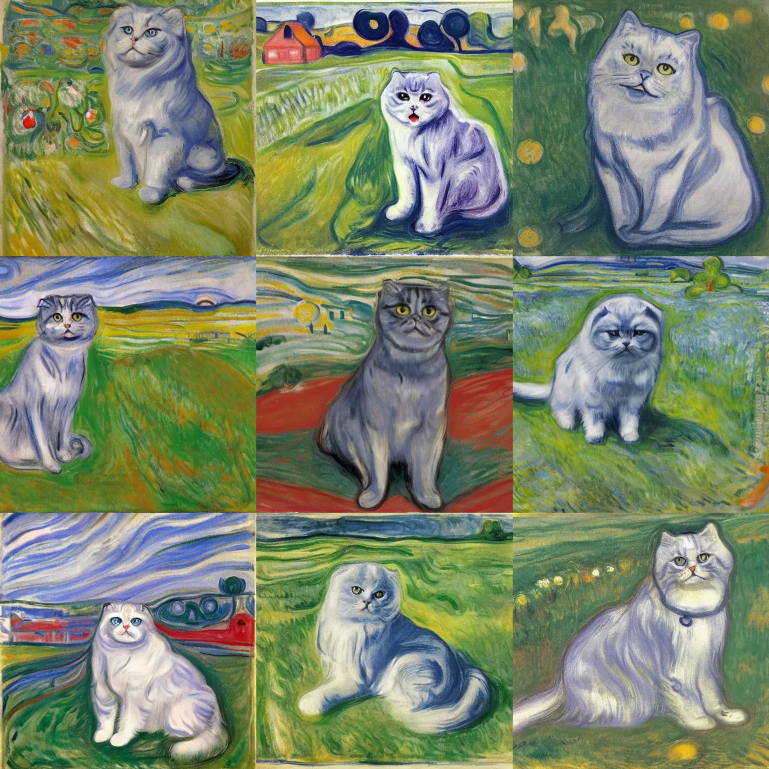 Prompt: a gray scottish fold sitting in the middle of sunny meadow, by edvard munch