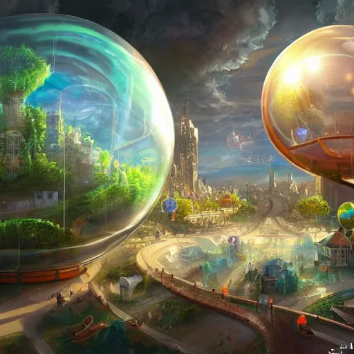 Prompt: a bubble terrarium utopia, with cities galore, dynamic lighting, fantasy concept art, trending on art station, stunning visuals, creative, cinematic, ultra detailed