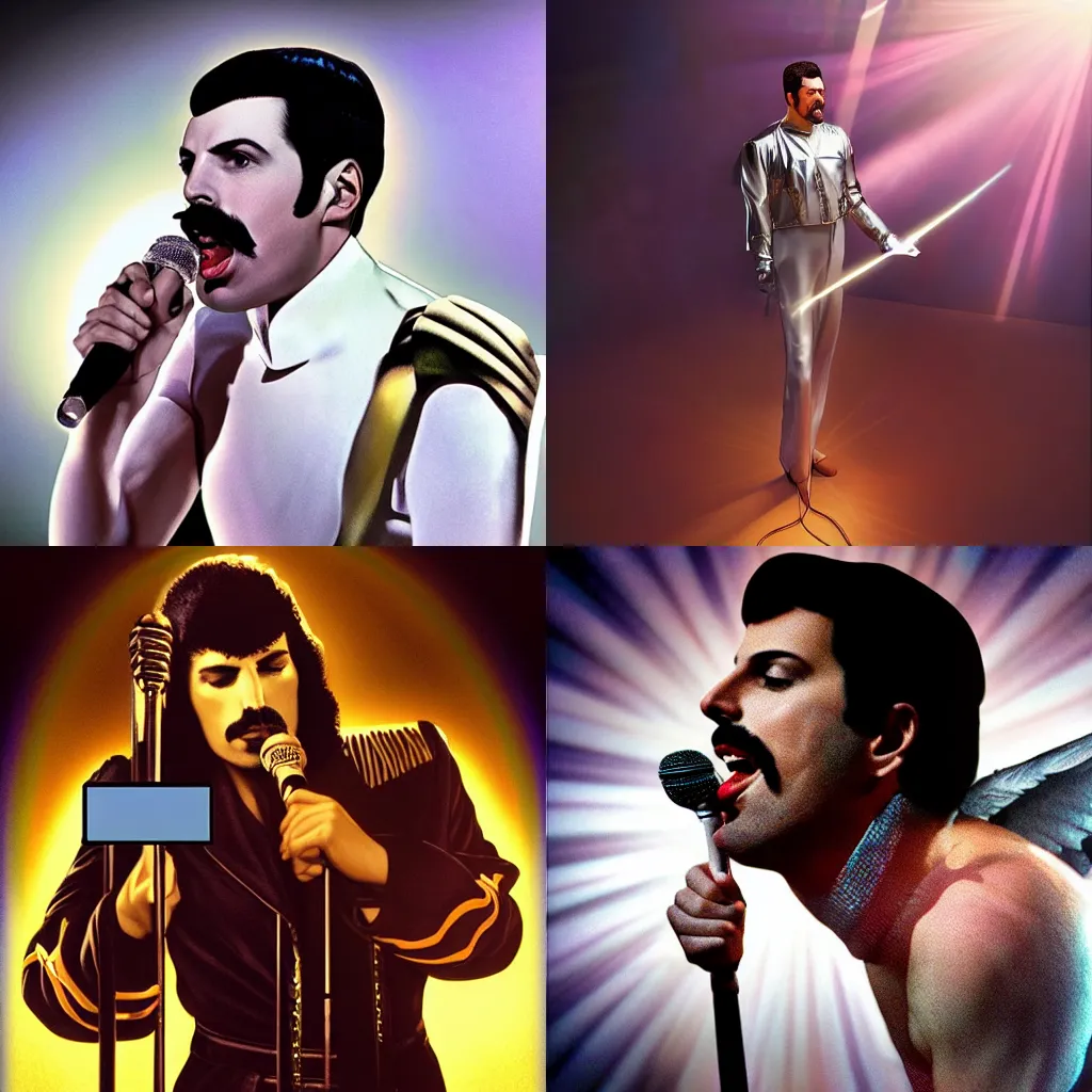 Prompt: Freddie Mercury in concert singing as a christian angel, halo, microphone, digital art, realistic, detailed studio photography, rim light, sharp