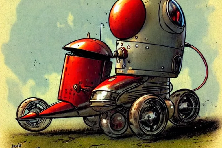 Prompt: adventurer. 1 9 5 0 s retro future robot android mouse rv rocket sled robot. muted colors.. by jean baptiste monge. chrome red