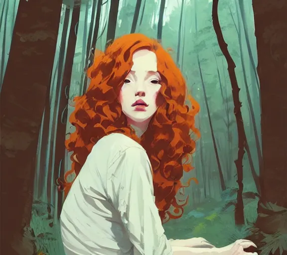 Image similar to portrait woman with long ginger curly hair in the woods, by atey ghailan, by greg rutkowski, by greg tocchini, by james gilleard, by joe fenton, by kaethe butcher, by ashley wood, dynamic lighting, gradient light blue, brown, blonde cream and white color scheme, grunge aesthetic