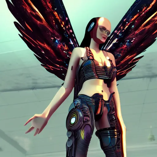 Image similar to a cyberpunk angel with machine wings