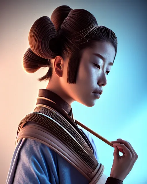 Prompt: portrait of samurai, female, prismatic highlights, smoke atmosphere, super model, brown skin, blue eyes, telephoto, beautiful, depth of field, cinematic, macro, concept art, 50mm, art station, wepa digital, digital painting, elegant, epic, focus, octane render, v-ray, 8k, C4D, art by Takashi Murakami