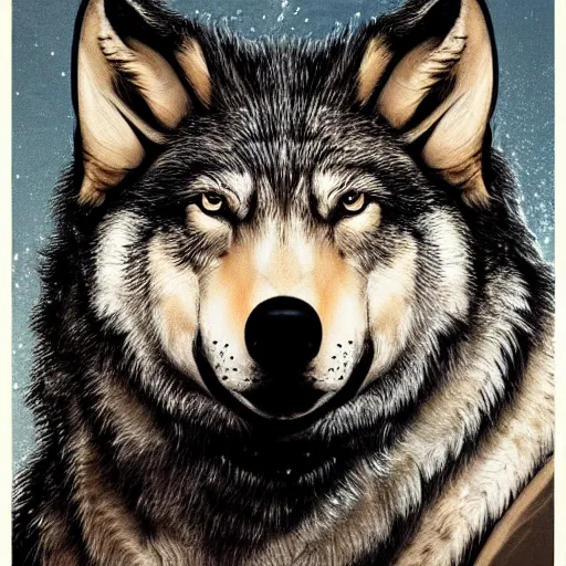 Prompt: retarded wolf portrait, obama poster style