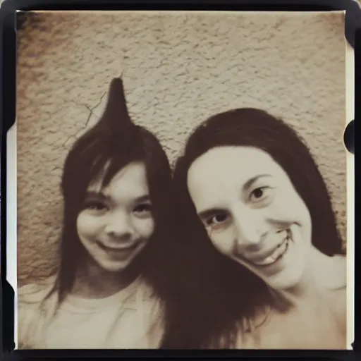 Prompt: two alien friends taking the first selfie together , polaroid vintage effect
