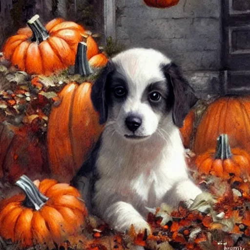 Prompt: a cute puppy amidst piles of pumpkins. halloween autumn fall art. beautiful painting by henriette ronner - knip and artgerm and greg rutkowski