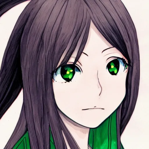 Image similar to a portrait of a anime girl with long dark hair and green eyes, 90s style