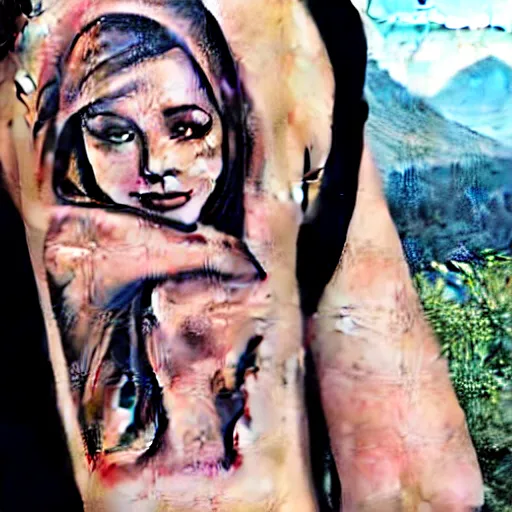 Image similar to tattoo realism design of a beautiful girl next to a mountain scenery, hyper realistic