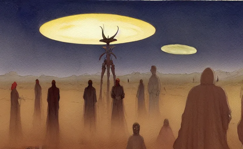 Image similar to a hyperrealist watercolour character concept art portrait of a 1 0 ft. tall thin alien with a high forehead on a misty night in the desert. a small group of people are watching from the foreground. a ufo is in the background. by rebecca guay, michael kaluta, charles vess and jean moebius giraud