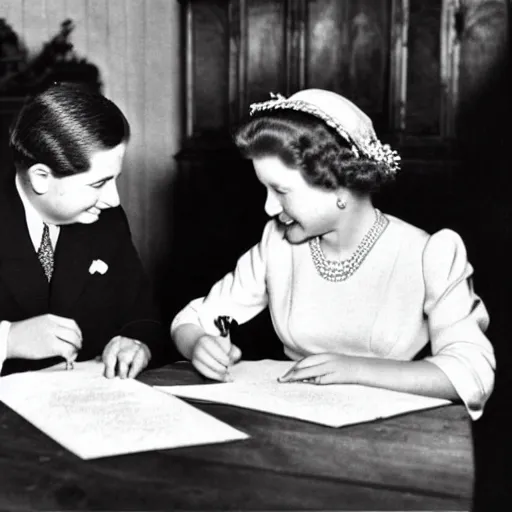 Prompt: 5 0 mm f / 2 1 9 4 6 historical photo, of a corgi and a young queen elizabeth signing a peace treaty, french village interior, an!!! adorable corgi!!! watches from below, highly detailed, sharp focus, symmetrical face