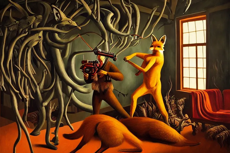 Image similar to ( ( a beautiful masterpiece painting ) a english fox hunter and a monster in a hunting lodge ( by ( remedios varo ) and ( anato finnstark ) and ( greg rutkowski ) and ( andy warhol ) and i ( francis picabia ) ) ( camouflage ) ( hyperrealism ) ( trending on artstation )