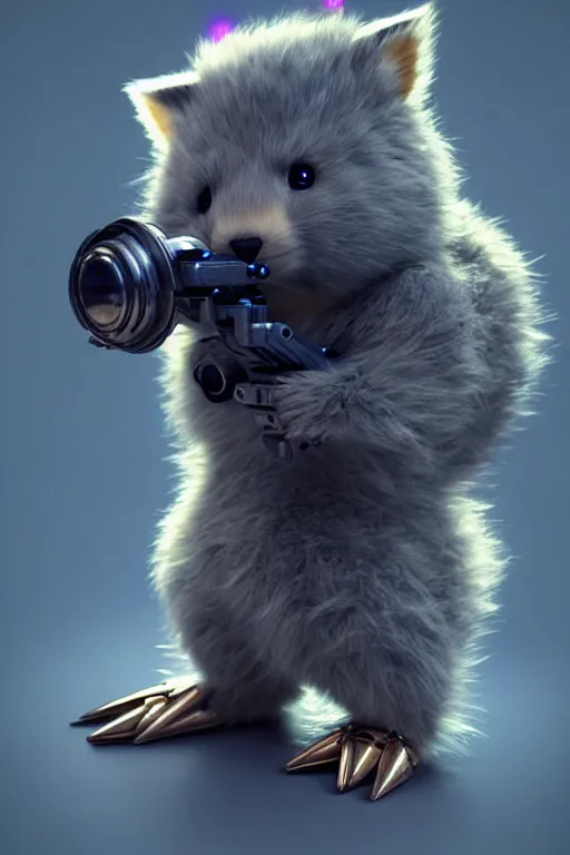 Image similar to high quality 3 d render sci - fi very cute fluffy! wombat!! cyborg soldier with futuristic mechanical parts, cyberpunk monocle!, highly detailed, unreal engine cinematic smooth, in the style of detective pikachu, hannah yata charlie immer, dark blue neon light, low angle, uhd 8 k, sharp focus