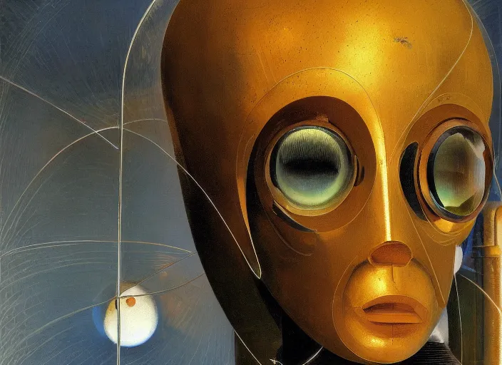 Image similar to a portrait headshot of sci fi metallic human, bright eyes, melancholic complex geometric figure liminal machinery by oskar schlemmer, moebius, john berkey, oil on canvas, portrait facial head, featured on artstation, hd wallpaper