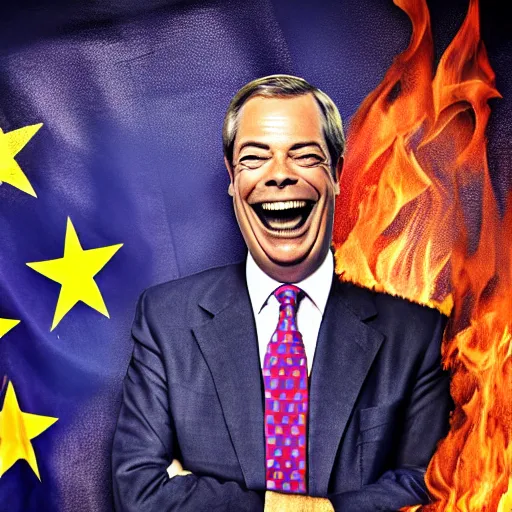 Image similar to nigel farage laughing holding burning eu flag, studio photograph, hd, studio