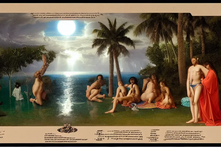 Image similar to The chalice of the occult, refracted moon sparkles, thunderstorm, greek pool, beach and Tropical vegetation on the background major arcana sky and occult symbols, by paul delaroche, hyperrealistic 4k uhd, award-winning, very detailed paradise