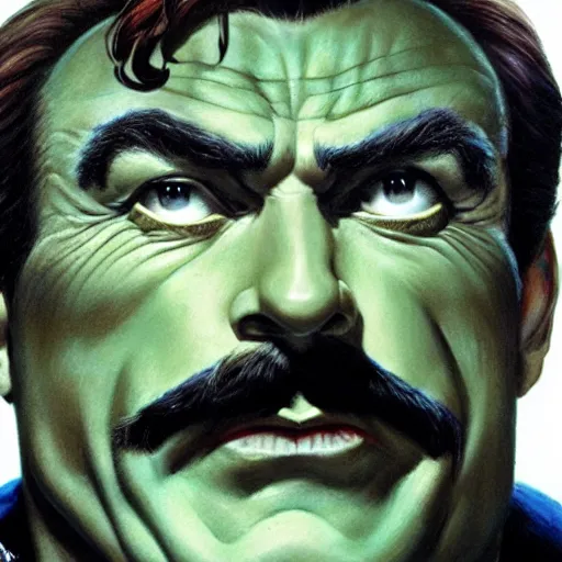 Prompt: ultra realistic head and shoulders portrait painting of tom selleck as green goblin, art by frank frazetta, 4 k, ultra realistic, highly detailed, epic lighting