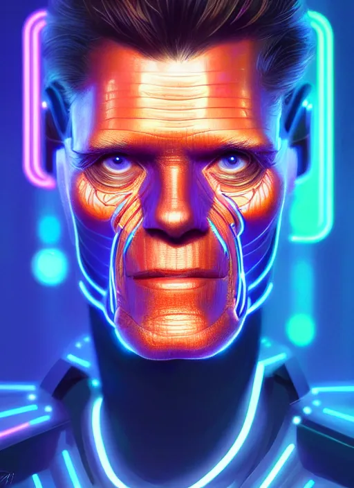 Image similar to portrait of williem dafoe cyber humanoid, intricate, elegant, cyber neon lights, highly detailed, digital painting, artstation, glamor pose, concept art, smooth, sharp focus, illustration, art by artgerm and greg rutkowski