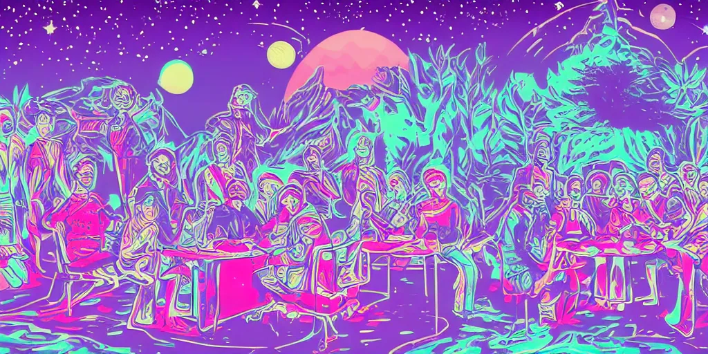 Image similar to twelve astronauts sitting by the river with a big holiday cake + psychedelic vegetation + purple, pink, blue + planets and stars + mystical fog, vintage sci - fi style of the 5 0 s, rule of the third!!!!, line graphics, 8 k, super detail, high quality