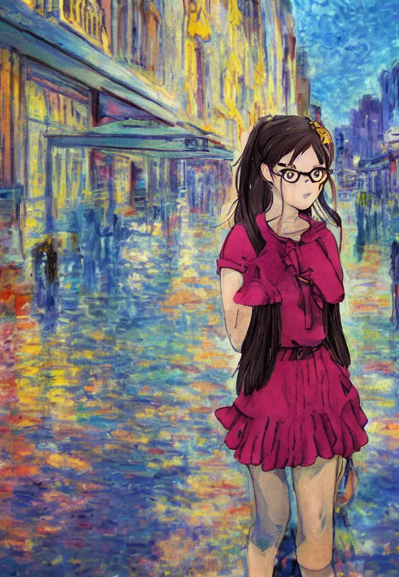 Image similar to wide angle portrait of a teenage girl, a thrifty outfit, very anime in impressionist style, city street view background, anime trending artwork, anime painter studio, by claude monet