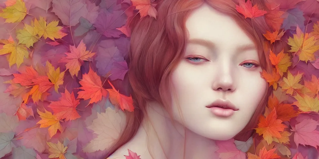 Image similar to highly detailed pastel colors of an ethereal ginger beauty morphing gradually into autumn leaves, by artgerm and hsiao - ron cheng, smooth composition, fine patterns and detail