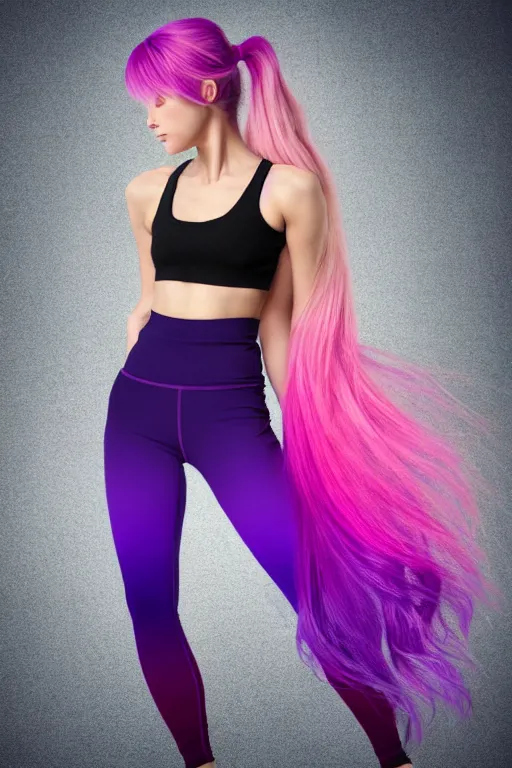 Image similar to a award winning half body shot of a beautiful woman in a croptop and leggings with a ombre purple pink teal hairstyle with head in motion and hair flying, outrun, vaporware, highly detailed, fine detail, intricate