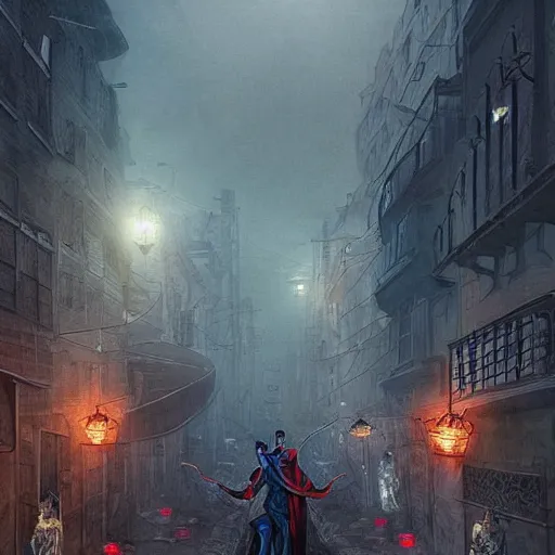 Prompt: “a creepy criminal magic city, similar to Knock Turn Alley, the sky is flayed like Doctor Strange, dinosaurs walking on street, D&D, fantasy, intricate, cinematic lighting, highly detailed, digital painting, artstation, concept art, smooth, sharp focus, illustration, art by Artgerm and Greg Rutkowski and Alphonse Mucha”