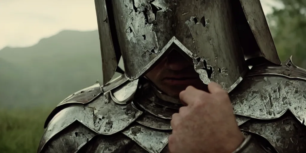 Image similar to film still of closeup the knight in shattered armor holds a bleeding heart by emmanuel lubezki